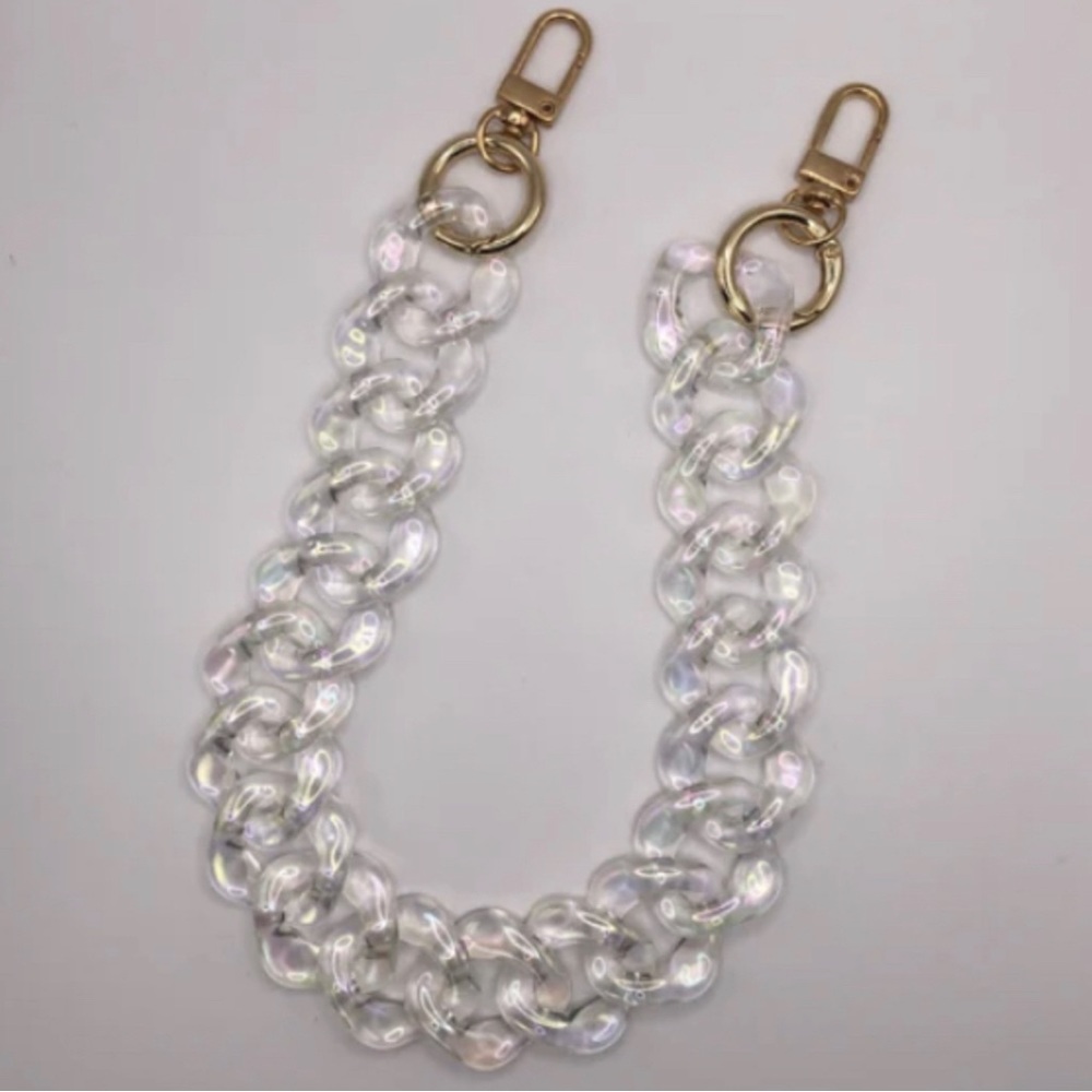 Chunky chain link strap, square shaped links, iridescent holographic